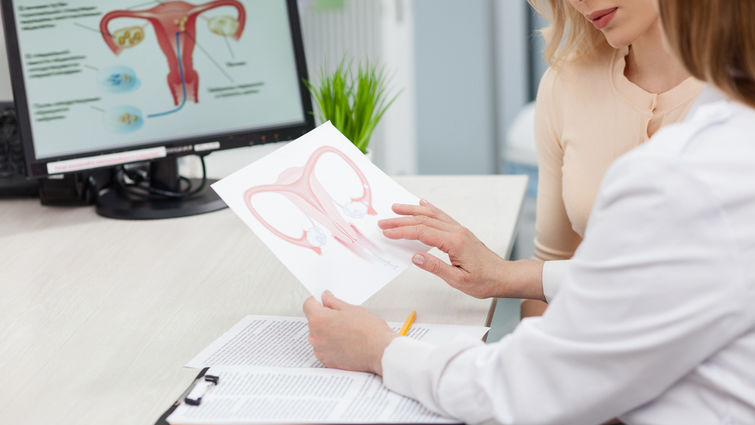 female doctor showing blond woman diagram of uterus