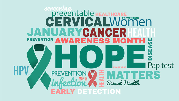 collage with words describing cervical cancer awareness month