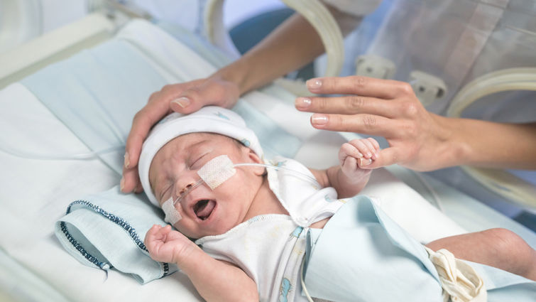 Premature baby in an incubator with oxygen and unrecognizable mom caressing baby trying to calm him down