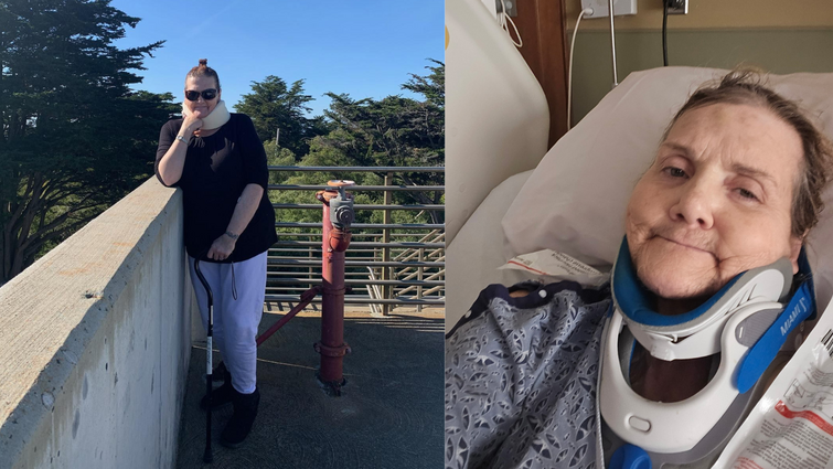 side by side photo of elizabeth, one standing with a cane outside wearing a neck brace, the other in the hospital wearing a neck brace
