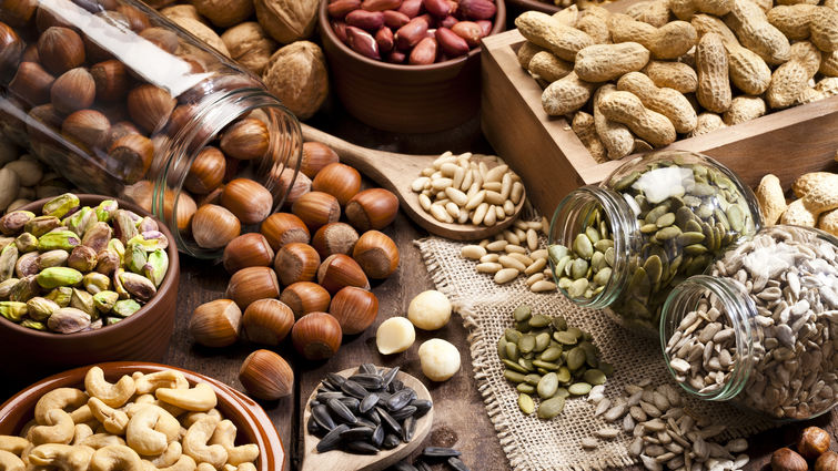 Arrangement of nuts and seeds on a table