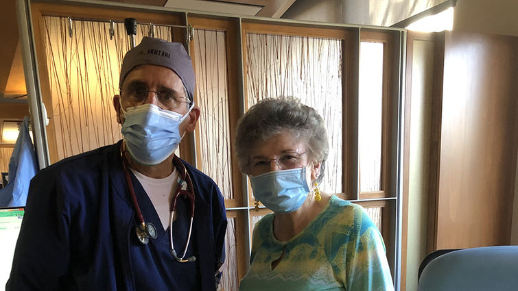 Pat Giard (right) says her partnership with hematologist-oncologist Dr. Akhtari (left) has enabled her to live a longer, happy life with multiple myeloma. Left to right: Dr. Akhtari and Pat Giard