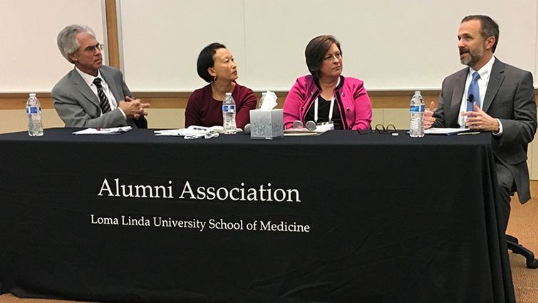 From left to right: Richard Rice, PhD; Grace Oei, MD; Barbara Couden Hernandez, PhD; and guest lecturer Farr Curlin, MD