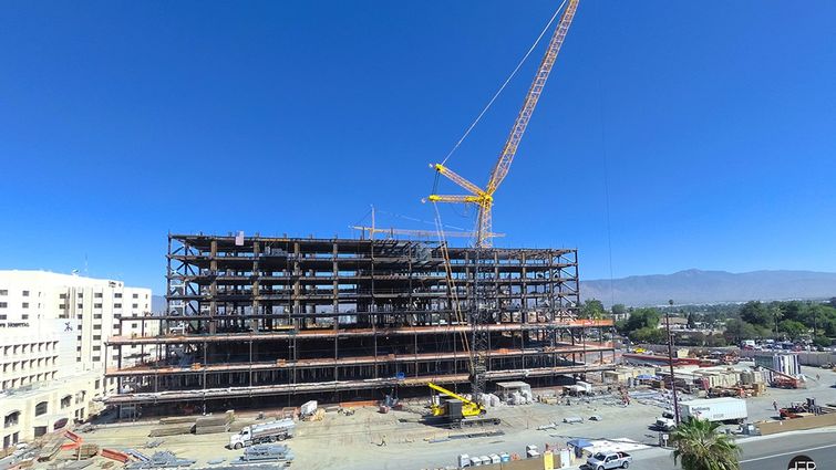 The completed framing for the Children's Hospital tower as seen from parking structure P4, next to the FMO.