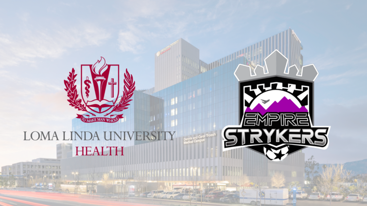 blurred out image f hospital in the background with Loma Linda University health and Empire Strykers logos
