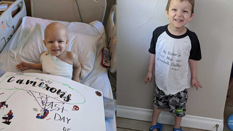 side by side photos of Cameron; one in hospital bed sick and smiling, the other healed at home and smiling