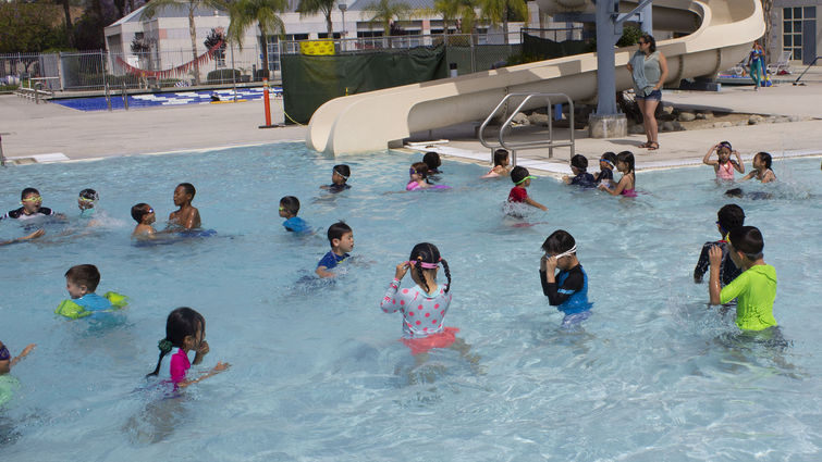 Loma Linda Academy first graders enjoy a pool party at Drayson Center, where proper water safety is demonstrated