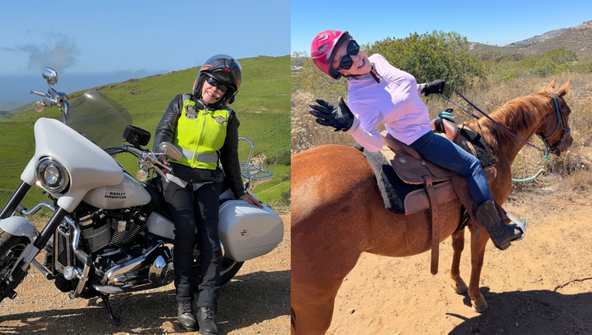 A woman sits on a Harley-Davidson motorcycle in a photo on the left and the same woman sits on a brown horse on the right