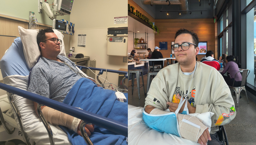 A man in a hospital bed sits with a broken wrist in a cast. 