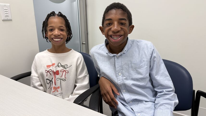 Harold Thronson, 14, and his younger sister Niki Thronson, 12, on their Osia activation day, January 14, 2026, at Loma Linda University Children’s Hospital