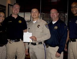 Officers from the Inland Division of California Highway Patrol paused for a photo at Tip a CHiP. From left, Sylvia Varga, Ryan Rebbe, Ramon Duran, Danny Symons and Lawrence Guynes.