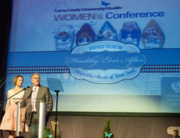 Beverly Rigsby and Kerry Heinrich on stage during Loma Linda University Health’s 2017 Women’s Health Conference