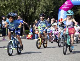 A group of young kids ride blue and yellow colored bikes all wearing helmets outside on the street at an event