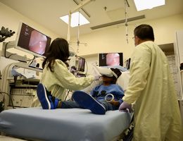 Jace Phillips, 9, in the GI lab with Dr. Khyati Mehta at Loma Linda University Children's Hospital