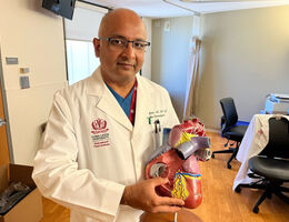 Dr. Kamal Kotak demonstrates where a leadless pacemaker would insert into the human heart using a 3D model.