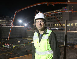 Eric Schilt in a hardhat at the first Big Pour