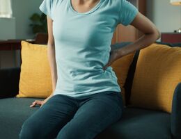 Woman hand holding her low back, feeling low back pain and hurt while sits on sofa in living room at home