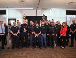Group photo of enforcement departments and Loma Linda University Health leadership at No-Shave November event