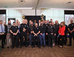 Law enforcement departments and Loma Linda University Health leadership gathered on December 1 for a closing ceremony to the month-long No-Shave November fundraiser. Group photo of enforcement departments and Loma Linda University Health leadership at No-Shave November event