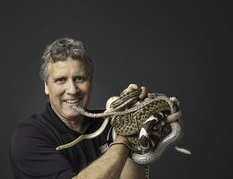 Caucasian man in black shirt holding several snakes