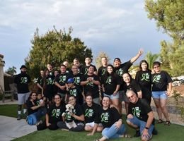 Coyt family and friends sport matching shirts that say, "In this family no one fights alone." Coyt family photo - everyone wearing shirt that says "In this family no one fights alone"