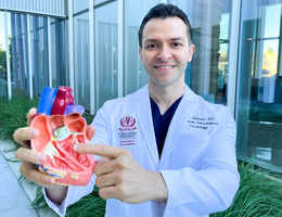Dr. Amr Mohsen holds a three dimensional model of a human heart, pointing to an artificial heart valve that gets implanted during transcatheter aortic valve replacement.  