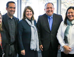 (From L-R) Prof. Gracie Molina, Dr. JC Belliard, Asst. VP for Community Partnerships, Dean, LLU-SPH, Helen Hopp Marshak, Consul Enrique Salomon Rosas and Tammy Garcia (Community Affairs Coordinator) Representatives of the Consulate of Mexico in San Bernardino, California, with representatives from the Loma Linda University School of Public Health