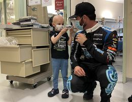 NASCAR driver Corey Lajoie meets four-year-old Eligh Thompson at Loma Linda University Children’s Hospital. NASCAR driver Corey Lajoie meets patient four-year-old Eligh Thompson at Loma Linda University Children’s Hospital.