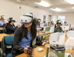 Nursing student wearing VR goggles in a classroom setting