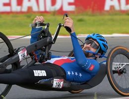 Cody Wills (MH-2), Team PossAbilities member, vying for his podium spot at the World Cup in Adelaide, Australia, January 2024 Caucasion male hand cycling in a race