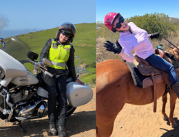 A woman sits on a Harley-Davidson motorcycle in a photo on the left and the same woman sits on a brown horse on the right