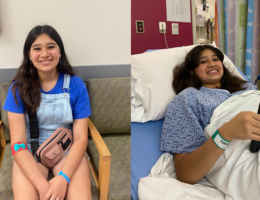 A side by side of a young brunette woman, the first photo of her in a doctor's waiting room and the second in a hospital bed.