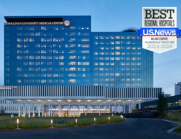 Photo of the medical center with a US News and World Report badge reading "Inland Empire recognized in 19 types of care."