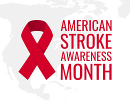 Red ribbon over the US with text that reads American Stroke Awareness Month