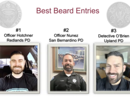 Contestants from three Inland Empire police departments pose to display their full-grown beards in hopes of claiming top title in the "Best Beard" category for the 2020 No Shave November award ceremony which was hosted virtually via Zoom on Nov. 30. Eight participating law enforcement departments from the region raised nearly $25,000 for Loma Linda University Cancer Center, more than double the sum of last year’s No Shave November funds.