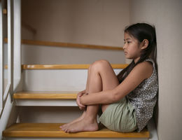Little girl unhappy sad and sitting alone on staircase inside house