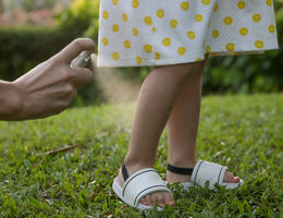 Dr. Allison Hensley encourages parents to use a safe form of insect repellent to protect kids from mosquito- and tick-born illnesses. Mother applying mosquito and bugs repellent spray on her toddler girl.