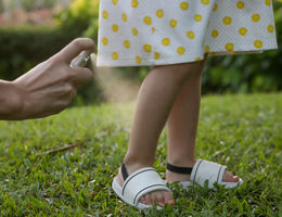 Mother applying mosquito and bugs repellent spray on her toddler girl.