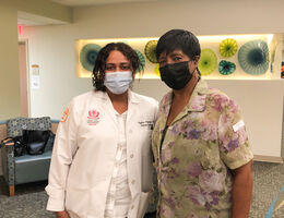 From left: Dr. Gayathri Nagaraj and Katie Smith with masks on