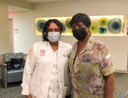 Dr. Gayathri Nagaraj (left) and Katie Smith (right) partnered to work through Smith's recurring breast cancer. From left: Dr. Gayathri Nagaraj and Katie Smith with masks on
