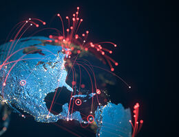 High quality 3D rendered image, related to big data, global networks, international flight routes or the spread of a pandemic / computer virus.