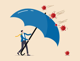 Man with big umbrella shielding from virual molecules