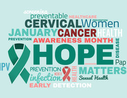 collage with words describing cervical cancer awareness month