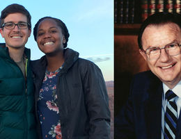 Husband and his wife at Grand Canyon next to portrait of male theologian