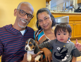 Everett Roberts has returned to his loved ones — pictured here from left: Everett and the family dog, his wife, and his granddaughter — after undergoing a robotic mitral valve repair at Loma Linda University Health. From left: Everett Roberts, Mrs. Roberts, and their granddaughter