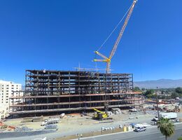 The completed framing for the Children's Hospital tower as seen from parking structure P4, next to the FMO.