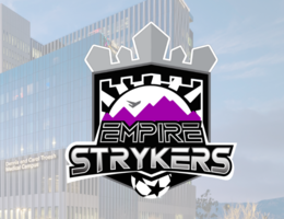 blurred out image f hospital in the background with Loma Linda University health and Empire Strykers logos