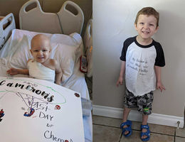 side by side photos of Cameron; one in hospital bed sick and smiling, the other healed at home and smiling