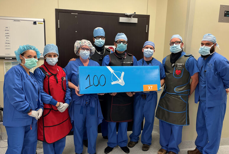 The structural heart team at LLUMC—Murrieta celebrates the 100th TMVr procedure