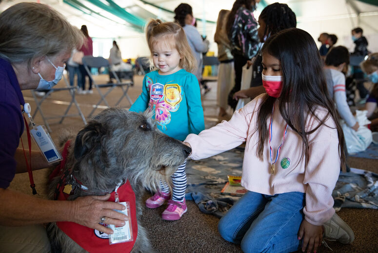 Two young girls petting a dog